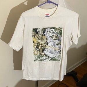 Supreme White Tee with Money and Gold Graphic